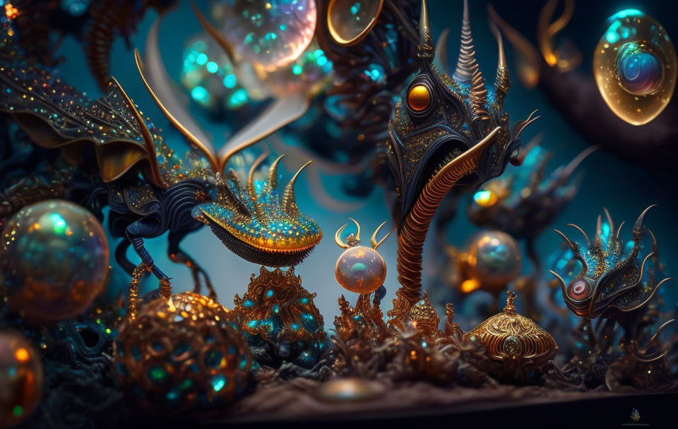 Intricate alien creatures and structures in dark blue ambiance