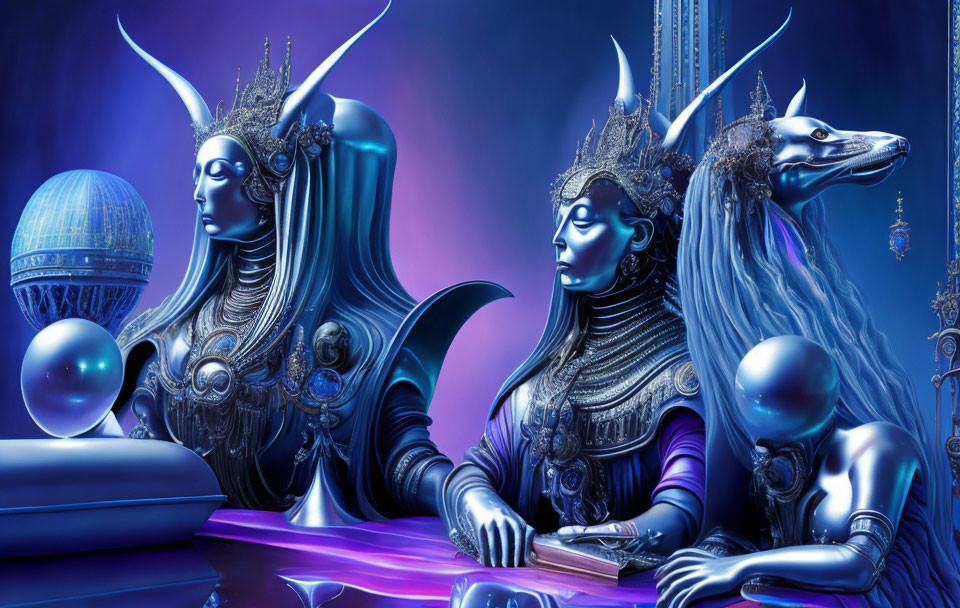 Regal female figures with headdresses and unicorn on blue-purple backdrop