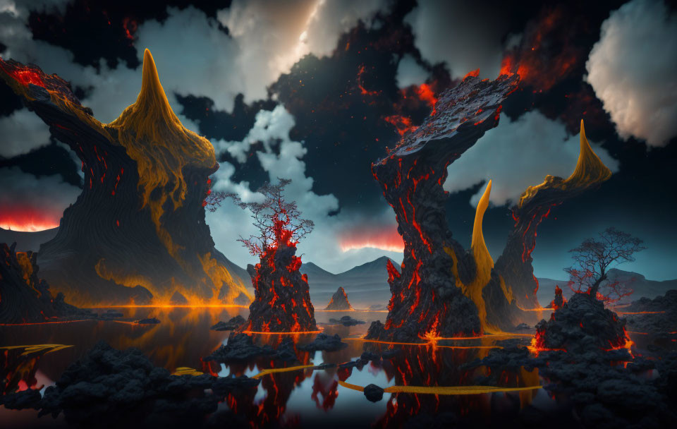 Fiery volcanic landscape with lava flows and unique rock formations