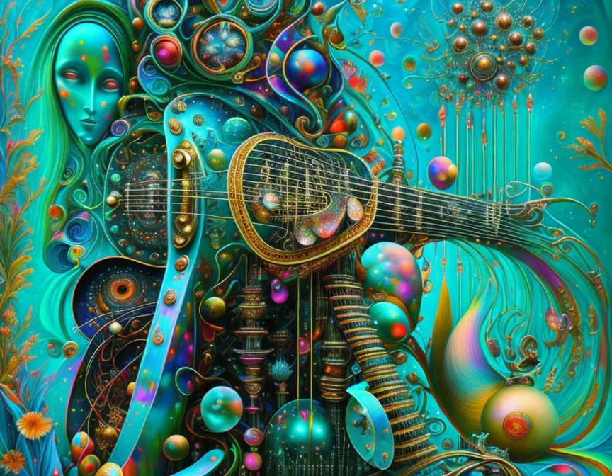 Colorful psychedelic artwork featuring human-like face, guitar, and cosmic elements