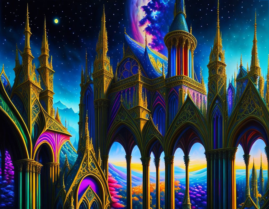 Fantasy castle with illuminated spires under starry night sky