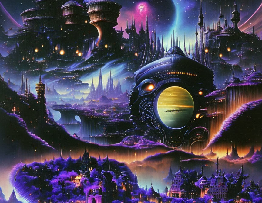 Futuristic cityscape with towering spires and spaceship