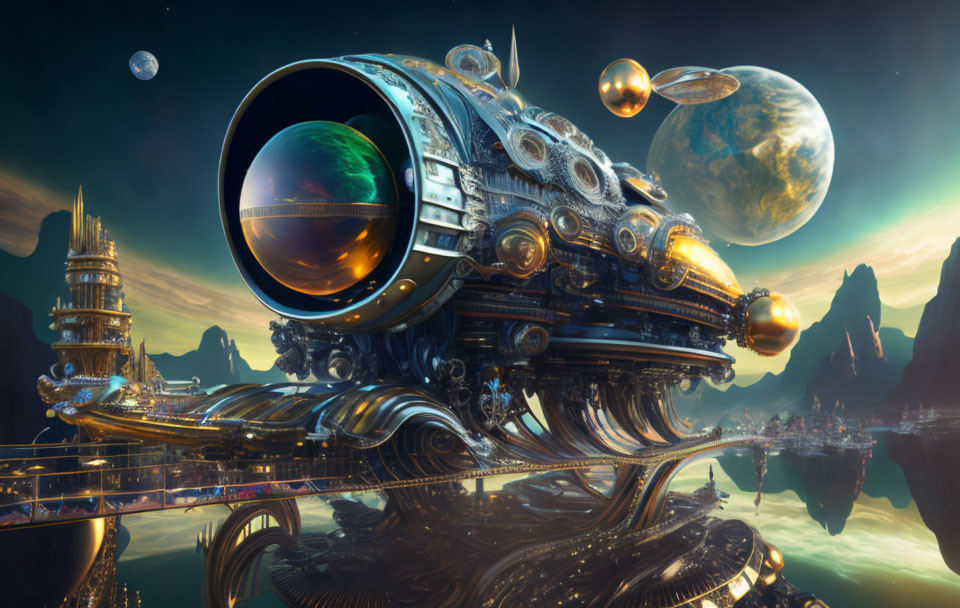 Futuristic steampunk submarine in surreal cityscape