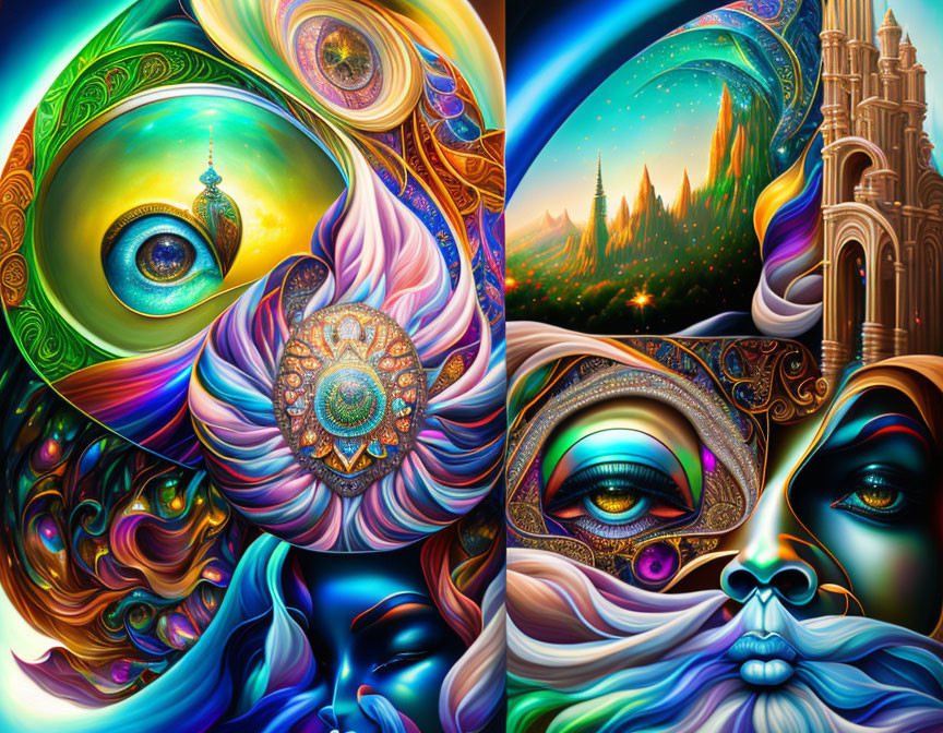 Colorful psychedelic art: eye, cosmic patterns, surreal landscapes, human faces