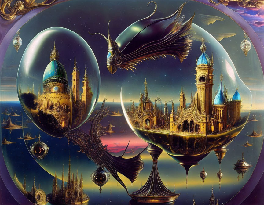 Fantastical Surreal Artwork: Transparent Spheres, Twilight Sky, and Fish-Like Creature