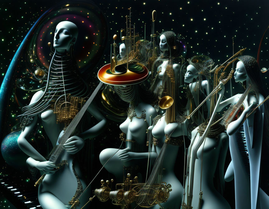 Ethereal humanoid figures playing instruments in cosmic setting