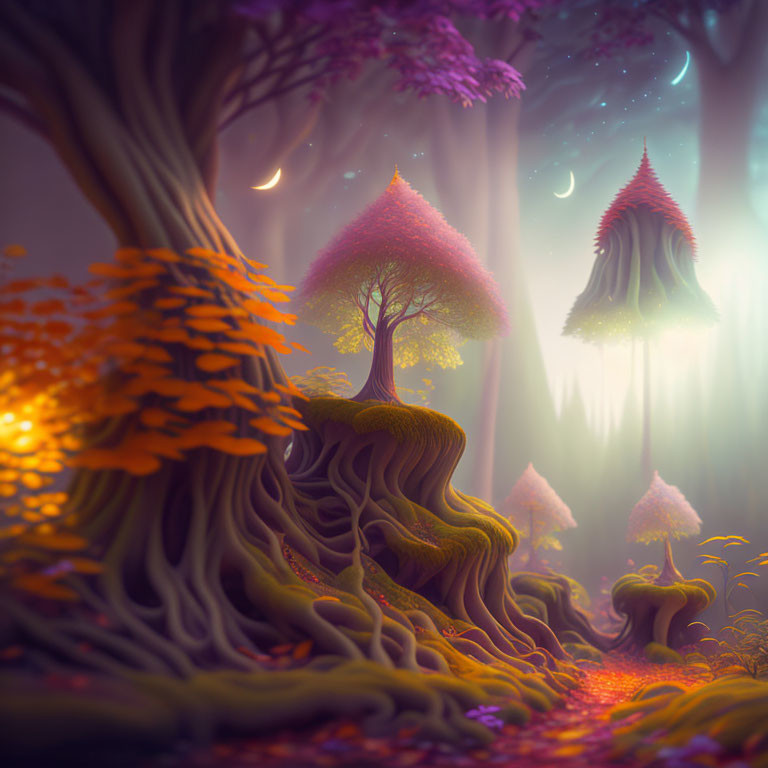 Vibrant trees, colorful path, floating islands in mystical forest