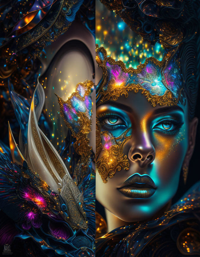 Elaborate digital artwork of woman with gold and blue accessories