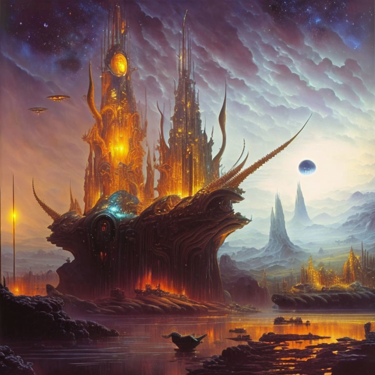 Fantasy landscape with illuminated spires under starry sky