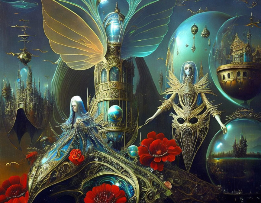 Fantastical scene with ethereal beings, vibrant flowers, orbs, and floating palaces