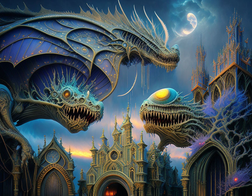 Fantasy artwork of two dragon-like creatures in ornate setting under full moon