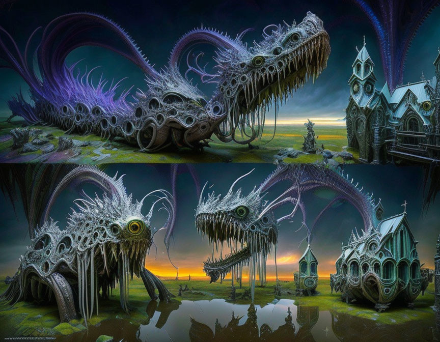 Four-panel artwork featuring monstrous creature variations and gothic chapel in various settings