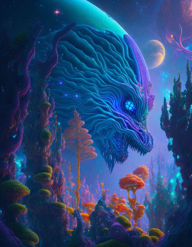 Colorful alien landscape with blue creature, glowing flora, and night sky.