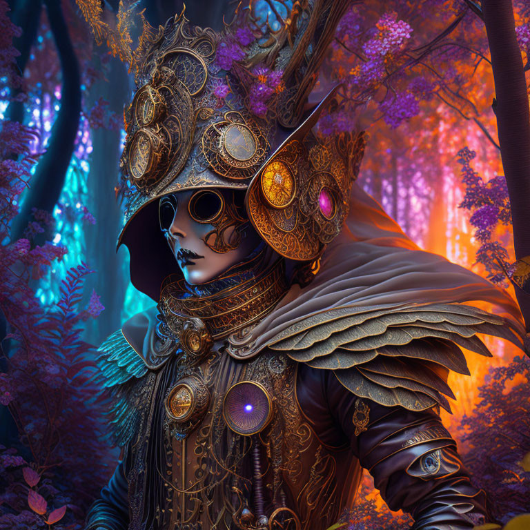 Steampunk-inspired costume with golden gears and mask in purple forest