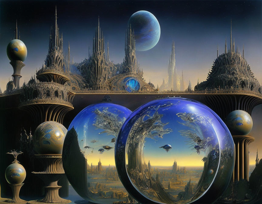 Reflective spheres in cosmic landscape with cities, spires, and flying objects