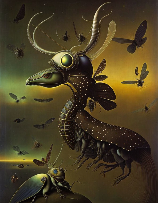 Surreal artwork: Creature with insect-like features in twilight.