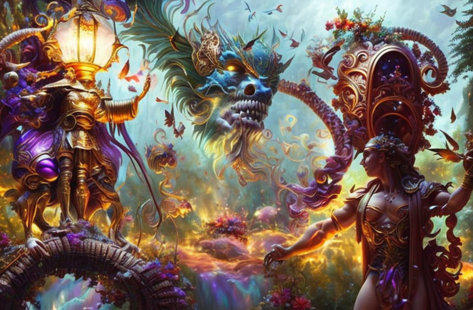 Fantasy scene: warrior in golden armor with mythical dragon-like creature and female figure among vibrant flora