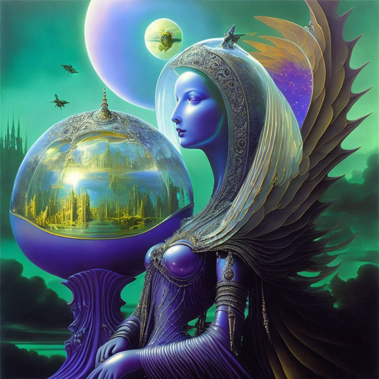 Surreal illustration of blue-winged woman with golden forest in dome