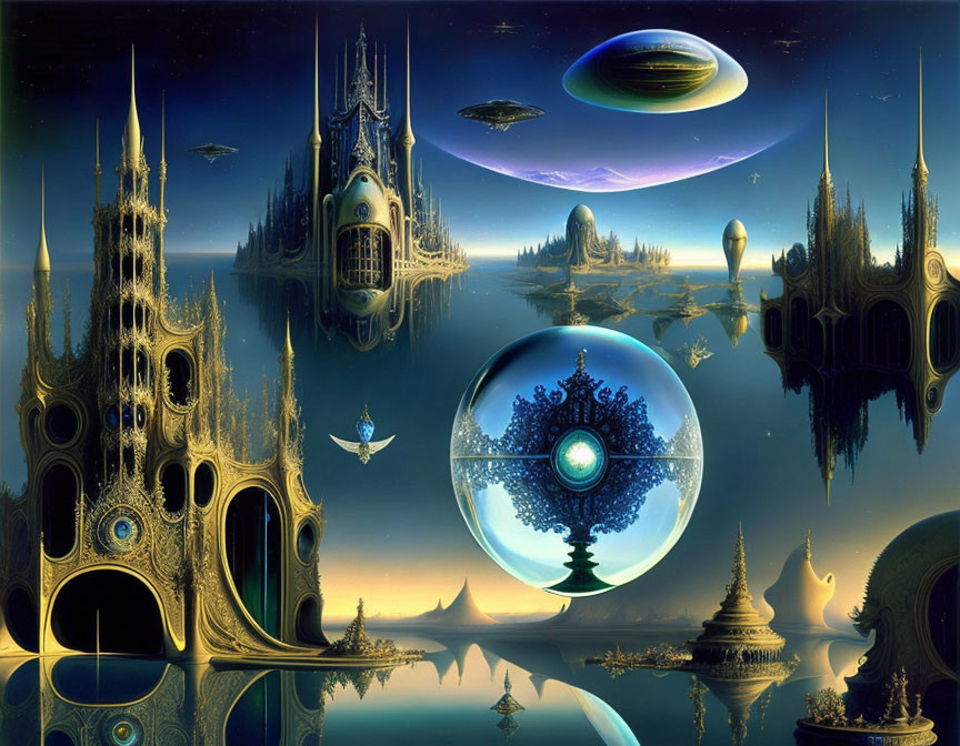 Fantastical sci-fi landscape with golden structures, reflective waters, spacecraft, and tree-like entity