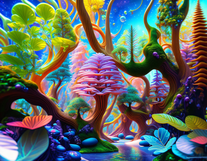 Colorful Twisted Trees and Serene Waters in Fantastical Landscape