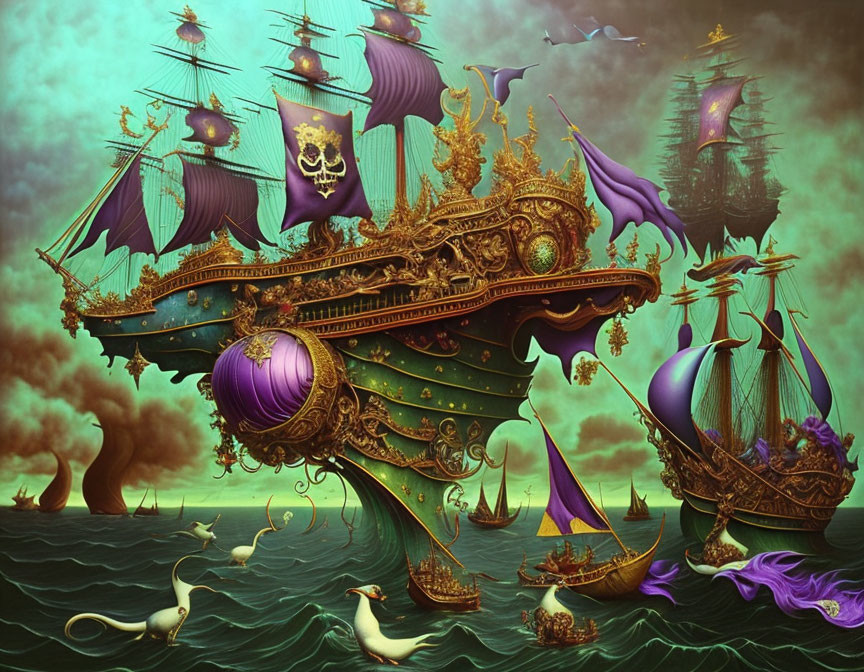 Fantastical image: ornate ships with purple sails, swans, flying fish, and green