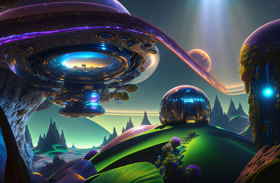 Colorful Sci-Fi Landscape with UFOs and Celestial Bodies