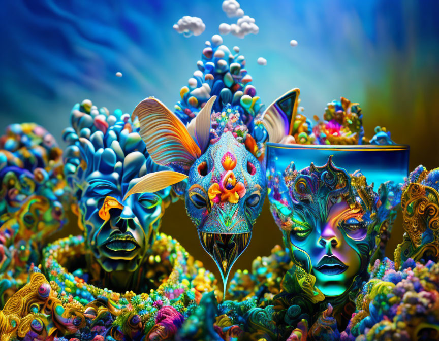 Colorful Psychedelic Artwork: Faces Blending with Nature in Dreamlike Setting