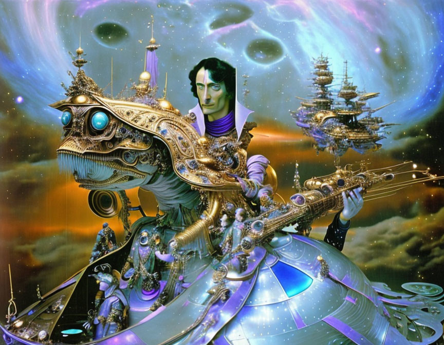 Futuristic humanoid with ornate arm cannon in cosmic setting