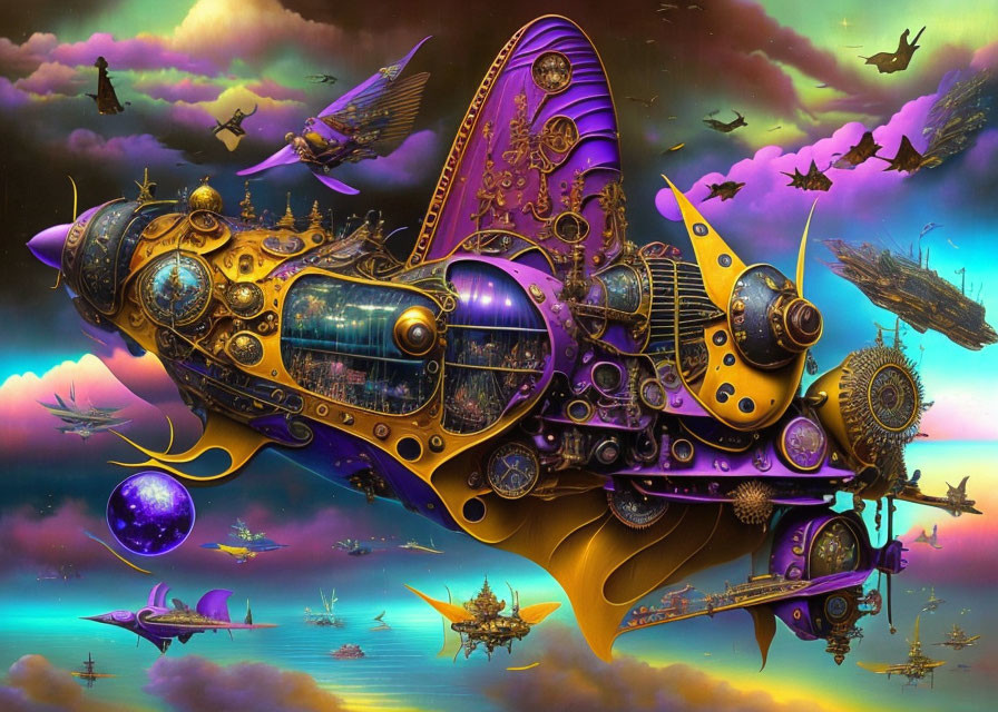 Steampunk-inspired flying machines in vibrant sky