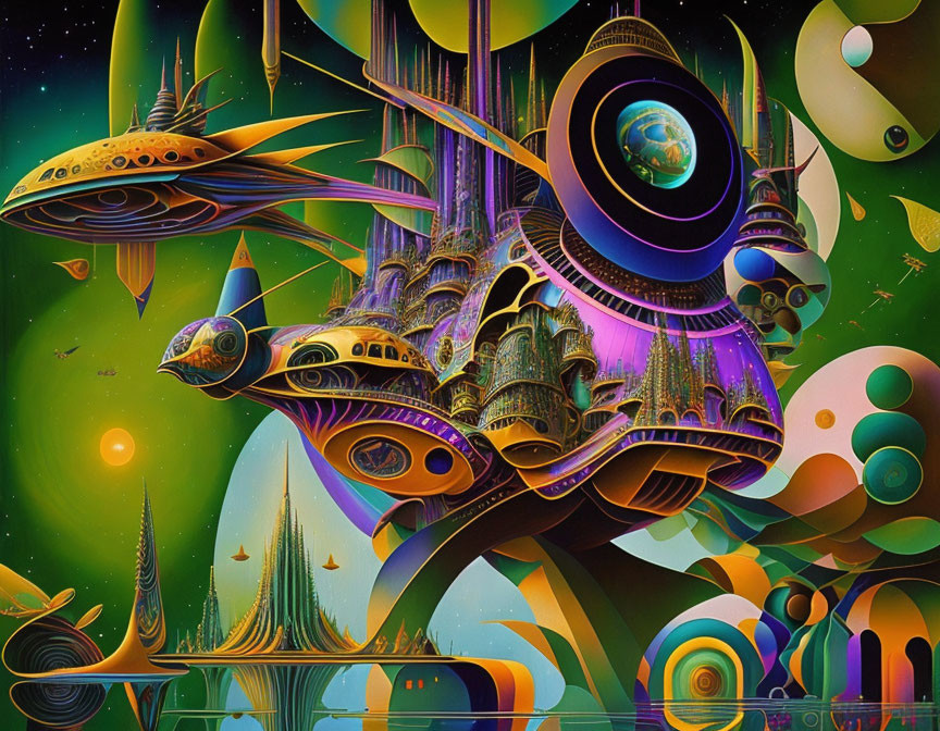 Colorful Psychedelic Space Scene with Alien Architecture and UFO-like Ships