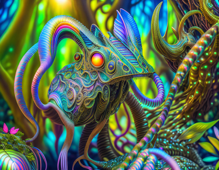 Colorful Creature with Multiple Eyes in Vibrant Alien Forest