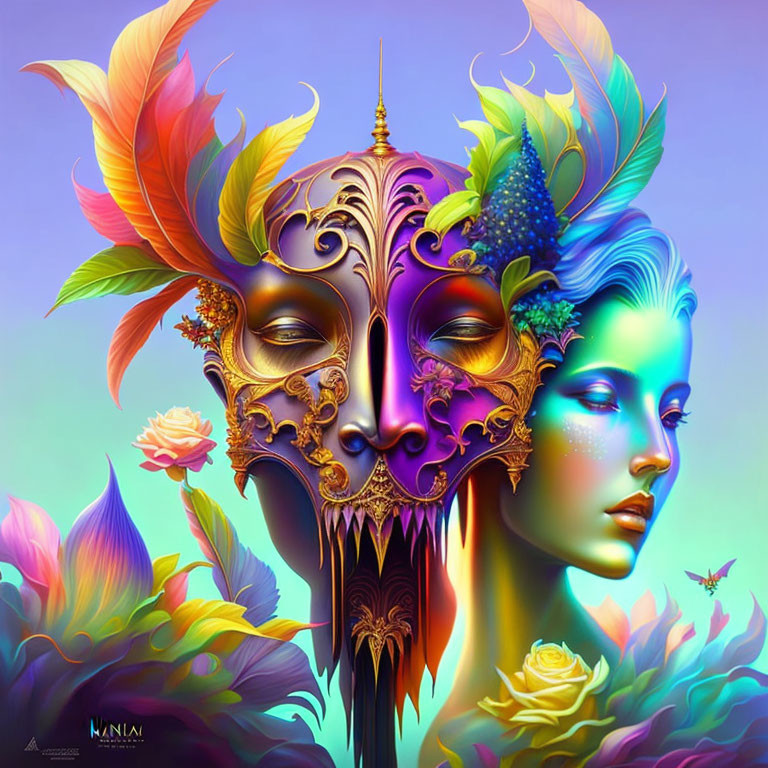 Colorful digital artwork featuring person with ornate mask, flowers, and butterfly