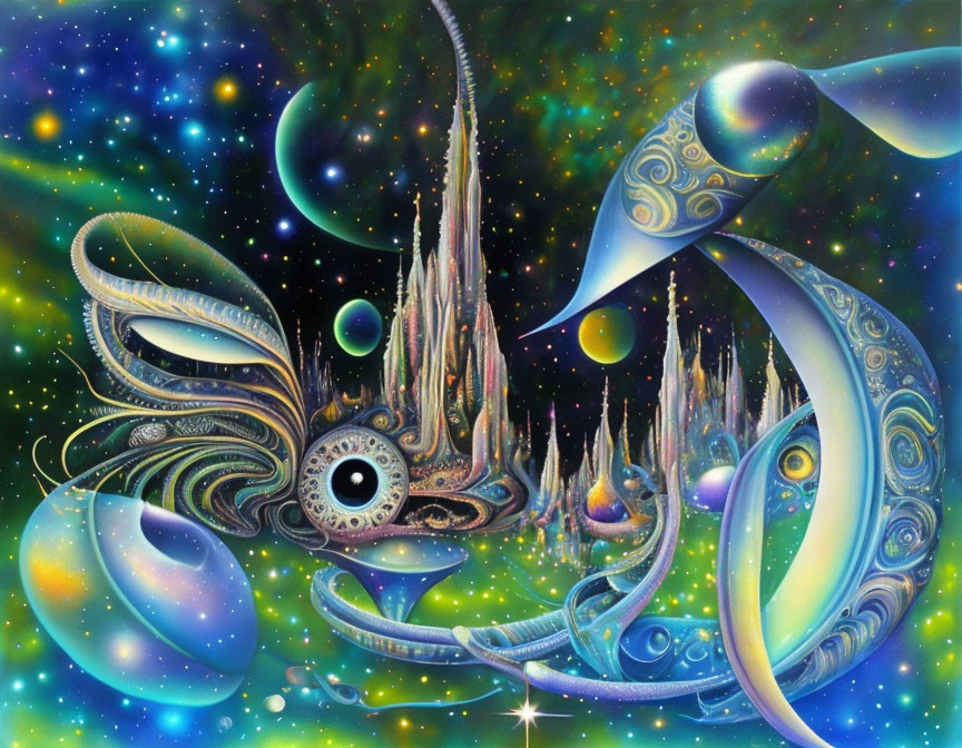 Colorful Psychedelic Alien Landscape with Swirling Patterns and Celestial Bodies