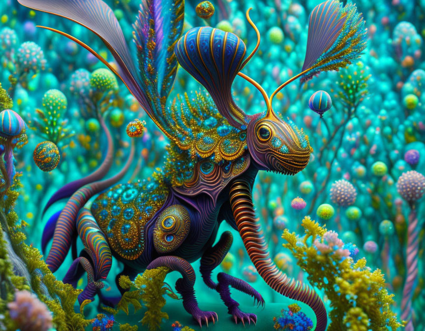 Colorful psychedelic chameleon surrounded by ornate flora