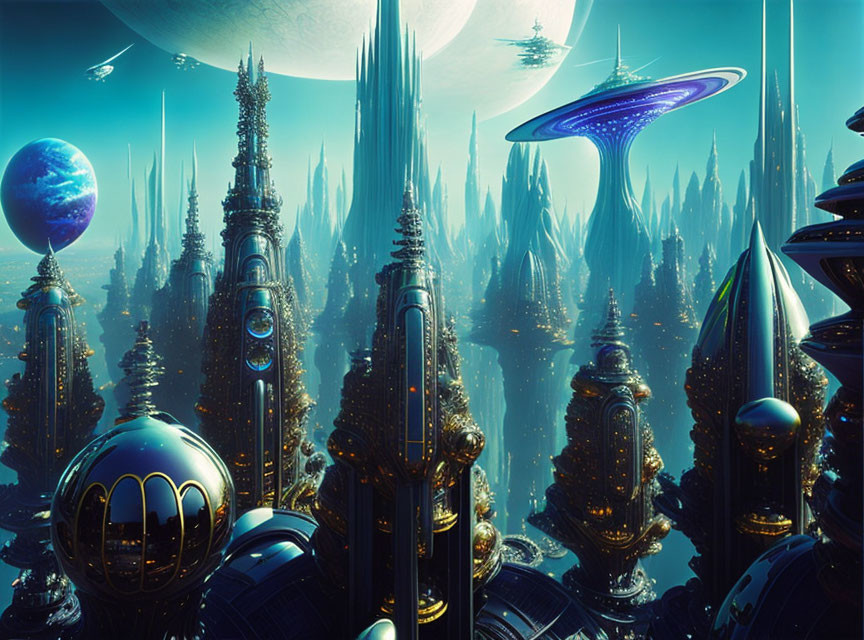 Vibrant futuristic cityscape with towering spires and flying saucers in blues and golds