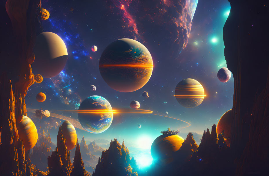 Colorful cosmic landscape with multiple planets and rings on alien surface