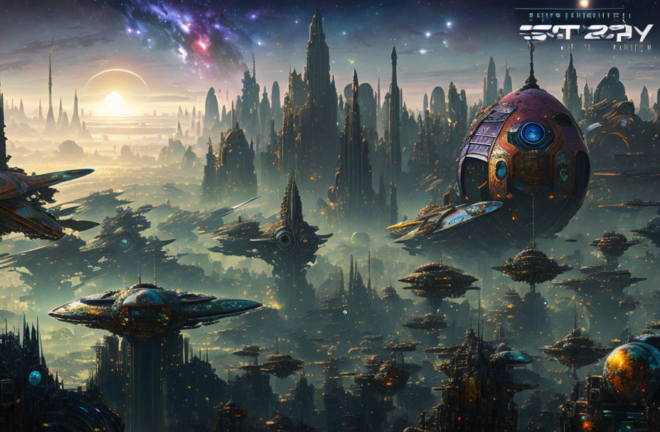 Futuristic cityscape with towering spires and spacecraft orbiting under twilight sky