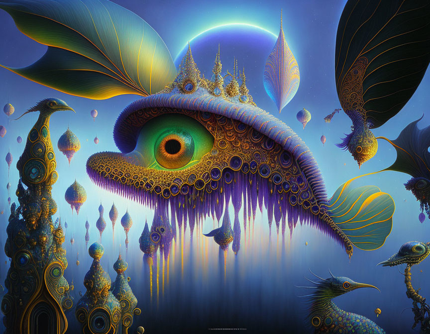 Surreal landscape with large eye, intricate patterns, fantastical foliage, lunar halo, and reflective