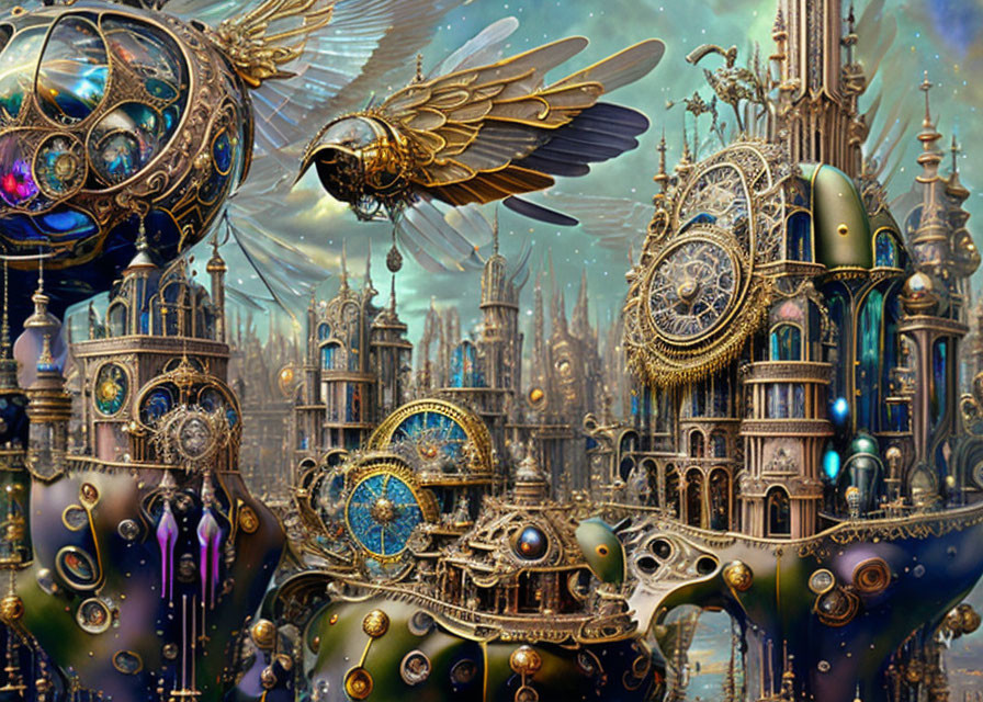 Steampunk Cityscape with Golden Gears and Mechanical Bee