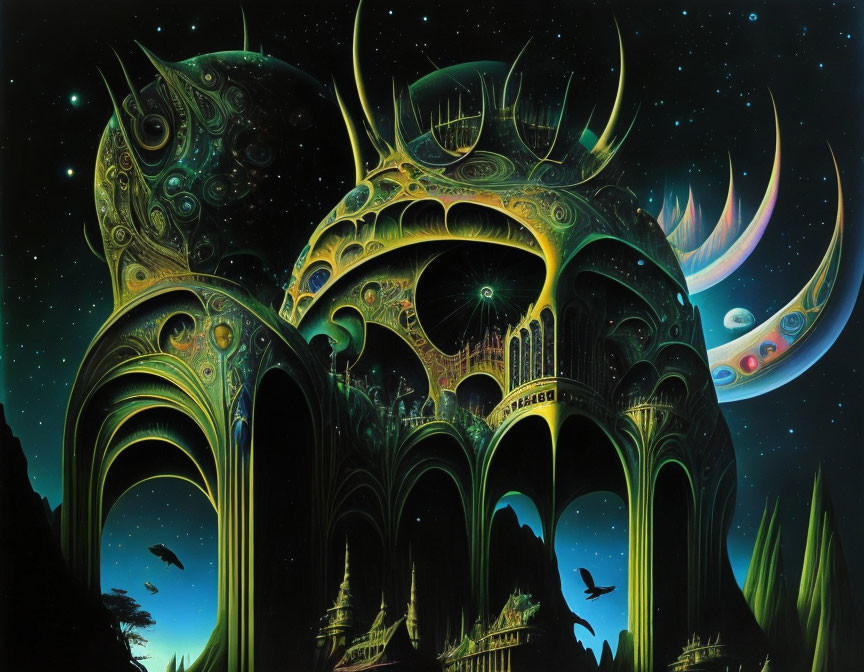 Alien palace in cosmic landscape with moons and stars