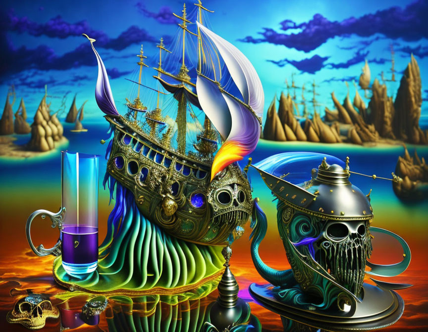 Surreal artwork: ornate ships sailing on waves under a sky with ship-shaped clouds