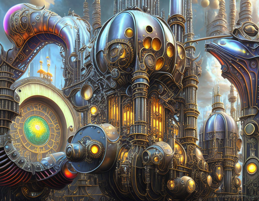 Detailed Steampunk Cityscape with Metallic Structures and Glowing Orbs