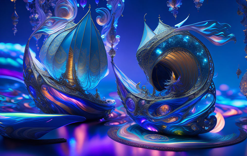 Abstract, Ornate Shell-like Structures with Glowing Patterns on Blue Background