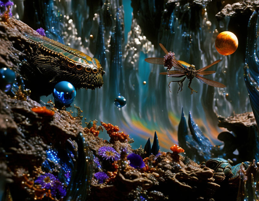 Vibrant surreal alien landscape with dragonfly creature and floating orbs