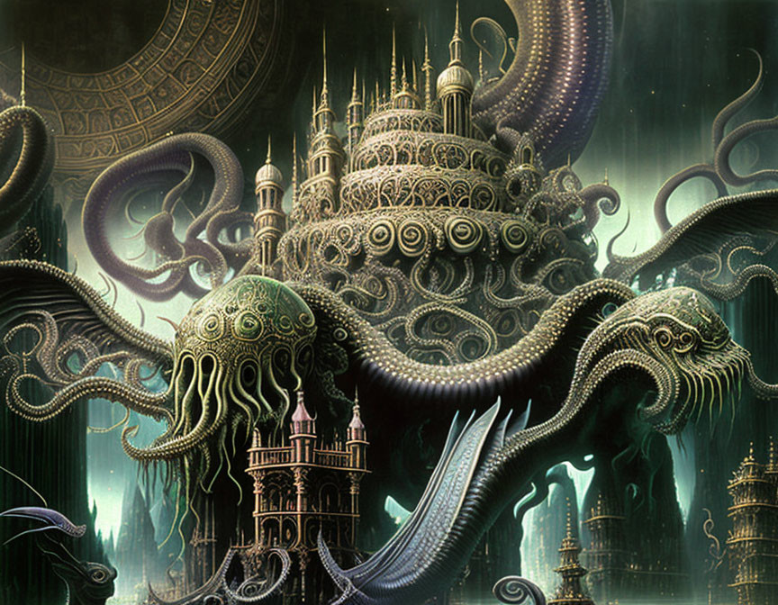 Fantastical city with intricate spires and tentacles amidst otherworldly gears