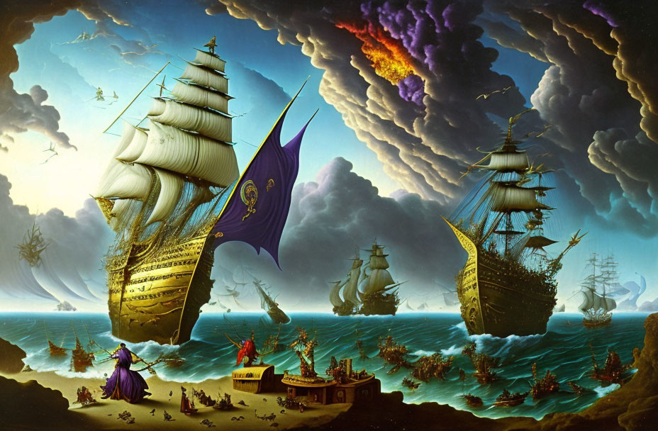 Surreal maritime scene with ships, stormy seas, fiery sky, and figure in purple cloak