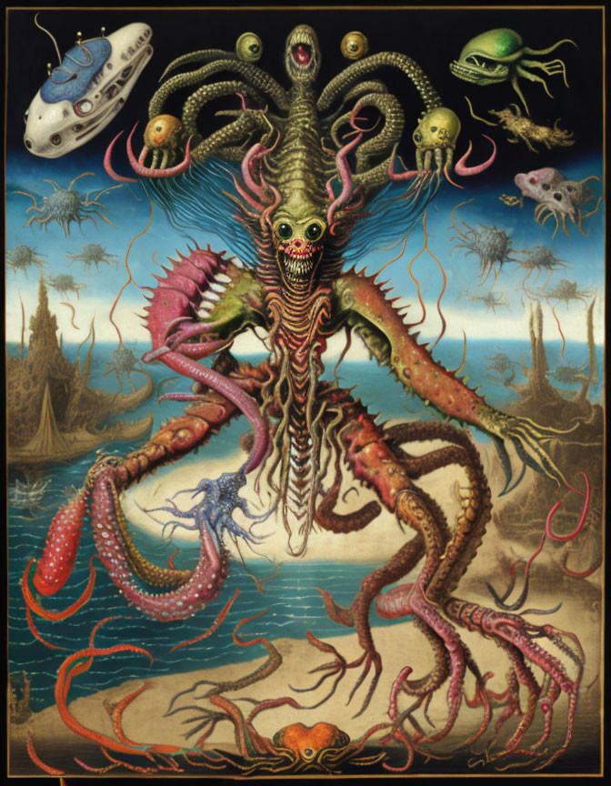 Surreal artwork: Octopus-like creature, alien ships, and beings in fantastical landscape