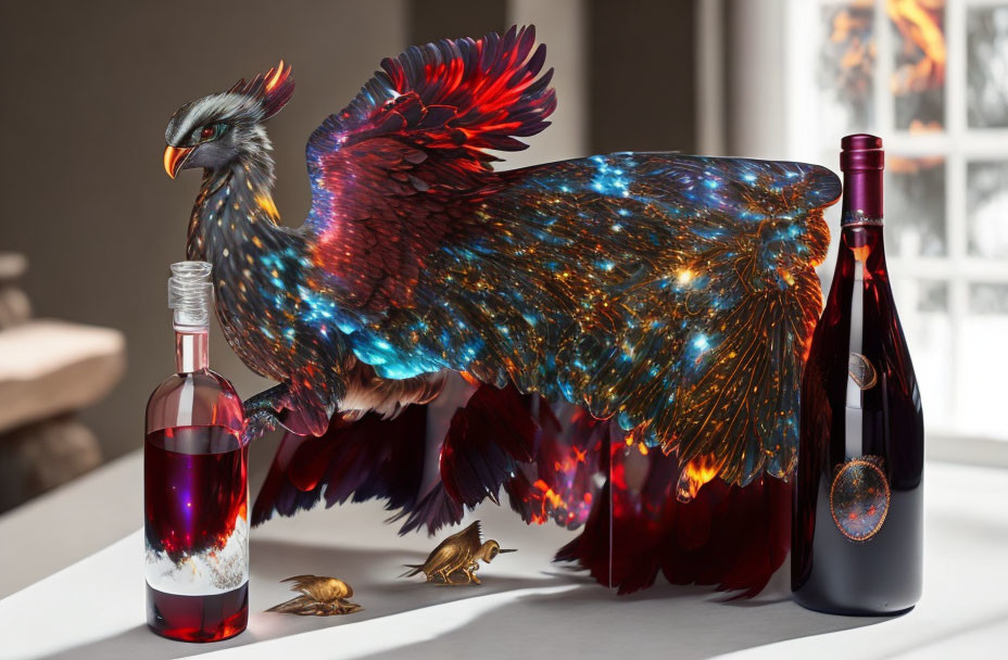 Digital artwork featuring eagle with cosmic wings, wine bottles, golden bird ornaments, and fireplace.