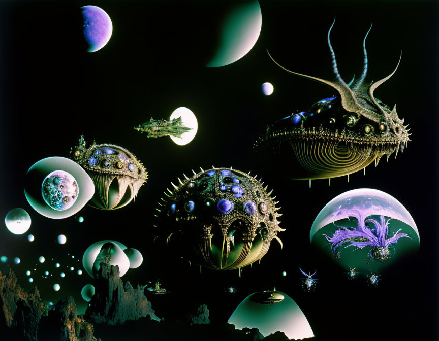 Surreal cosmic scene with bio-mechanical sea creatures among planets