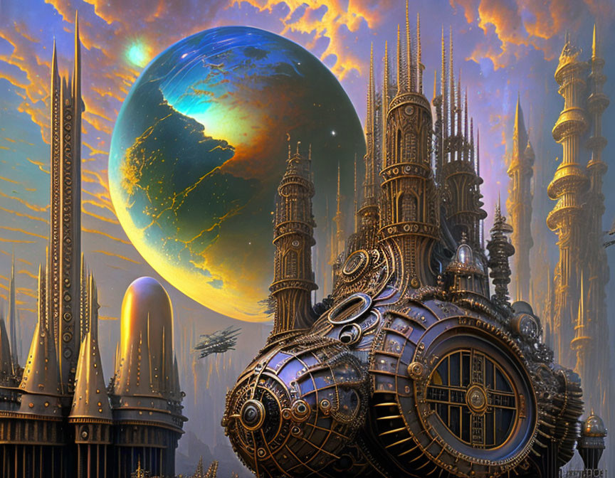 Fantasy steampunk city with intricate towers under large planet at sunset